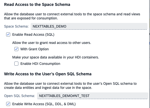 Edit Privileges dialog of a database user in SAP Datasphere with Enable Read Access (SQL) and With Grant Option both selected