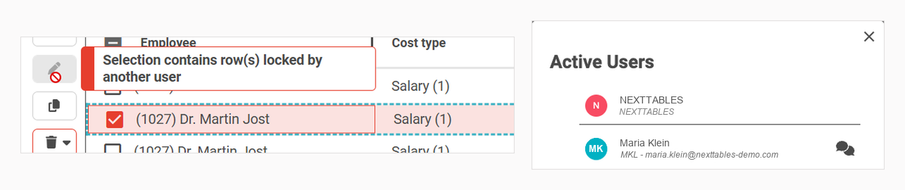 Left: selecting a row another user is editing raises “Selection contains row(s) locked by another user”. Right: the Active Users dialog showing who is in the table.