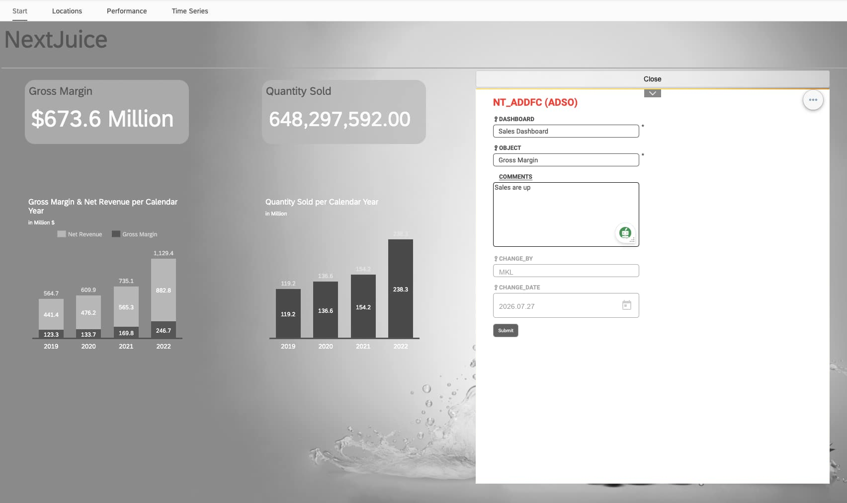 A NextTables Add form embedded in an SAP Analytics Cloud dashboard, writing a comment straight back to the ADSO.