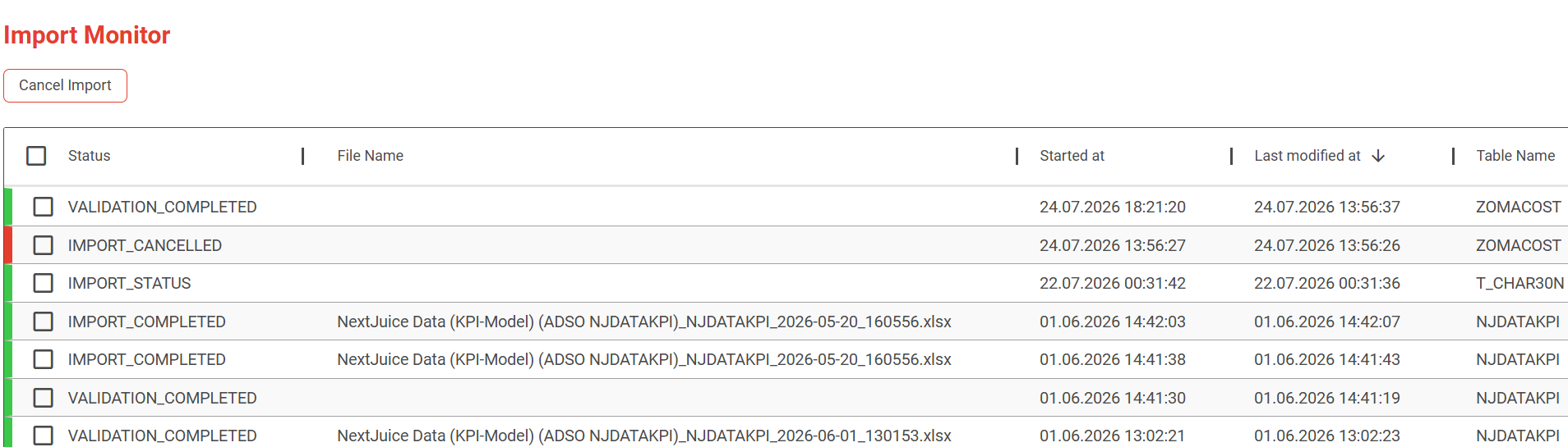 The NextTables import monitor: imports listed with their status, file name, start time and target table.