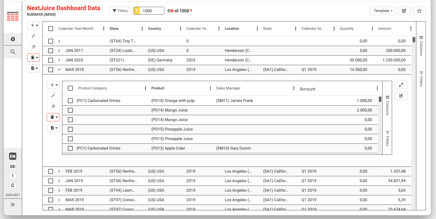 A NextTables master table of monthly store figures with one row expanded, showing the item table of products and amounts that belongs to it.