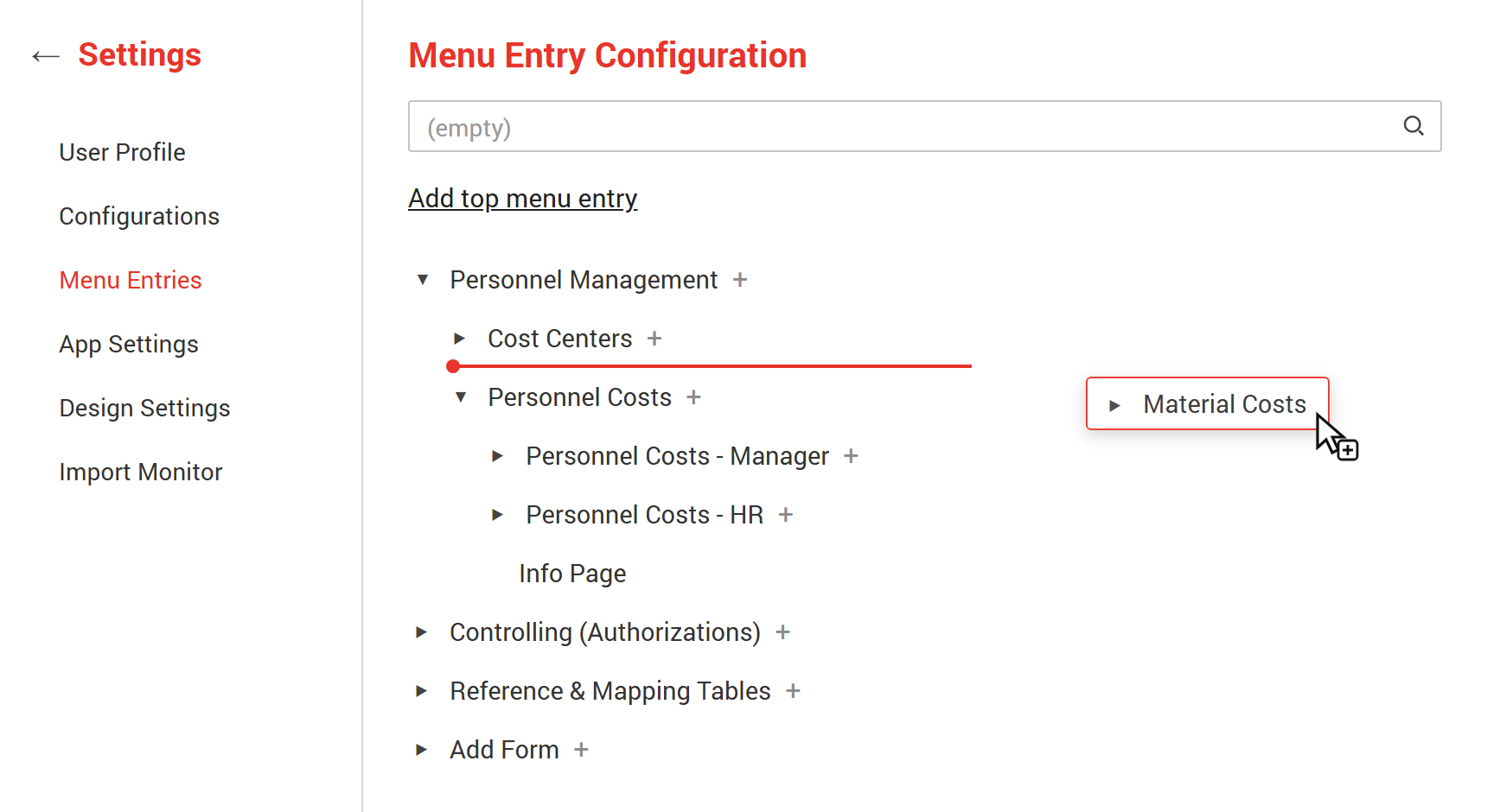 NextTables menu entry configuration: a Personnel Management application with nested entries, and a menu entry being dragged to a new position.