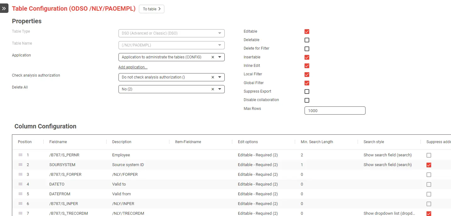 NextTables table configuration: properties, edit options and per-column rules for a DataStore object, set through configuration.
