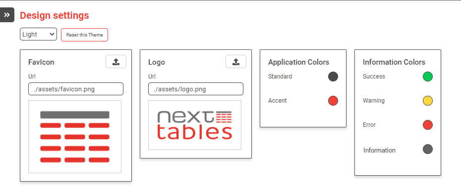 The NextTables design settings: a theme selector, favicon and logo upload, and the application and information color palettes.