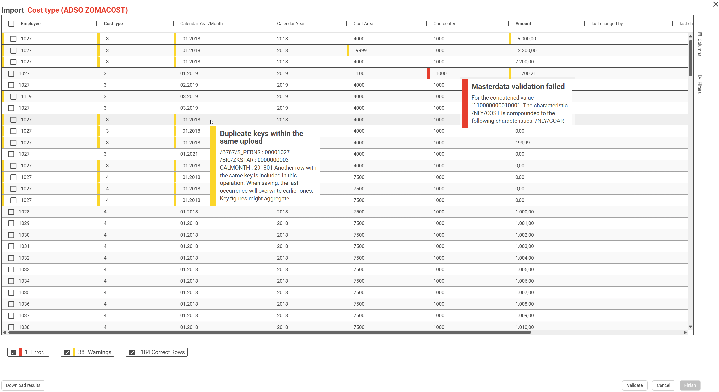 The NextTables import validation screen: imported rows carry warning and error marks on individual cells, with two messages open, a duplicate-key warning and a master-data validation error, above a summary reading 1 Error, 38 Warnings and 184 Correct Rows.