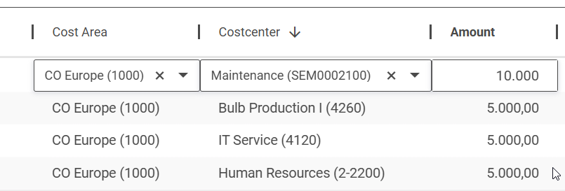Editing an amount cell in the NextTables grid: a new value of 10.000 is being typed into the Amount column.