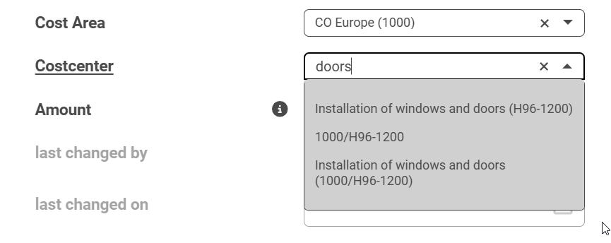 Search help in a NextTables entry form: typing doors into the Costcenter field suggests the matching master-data values.